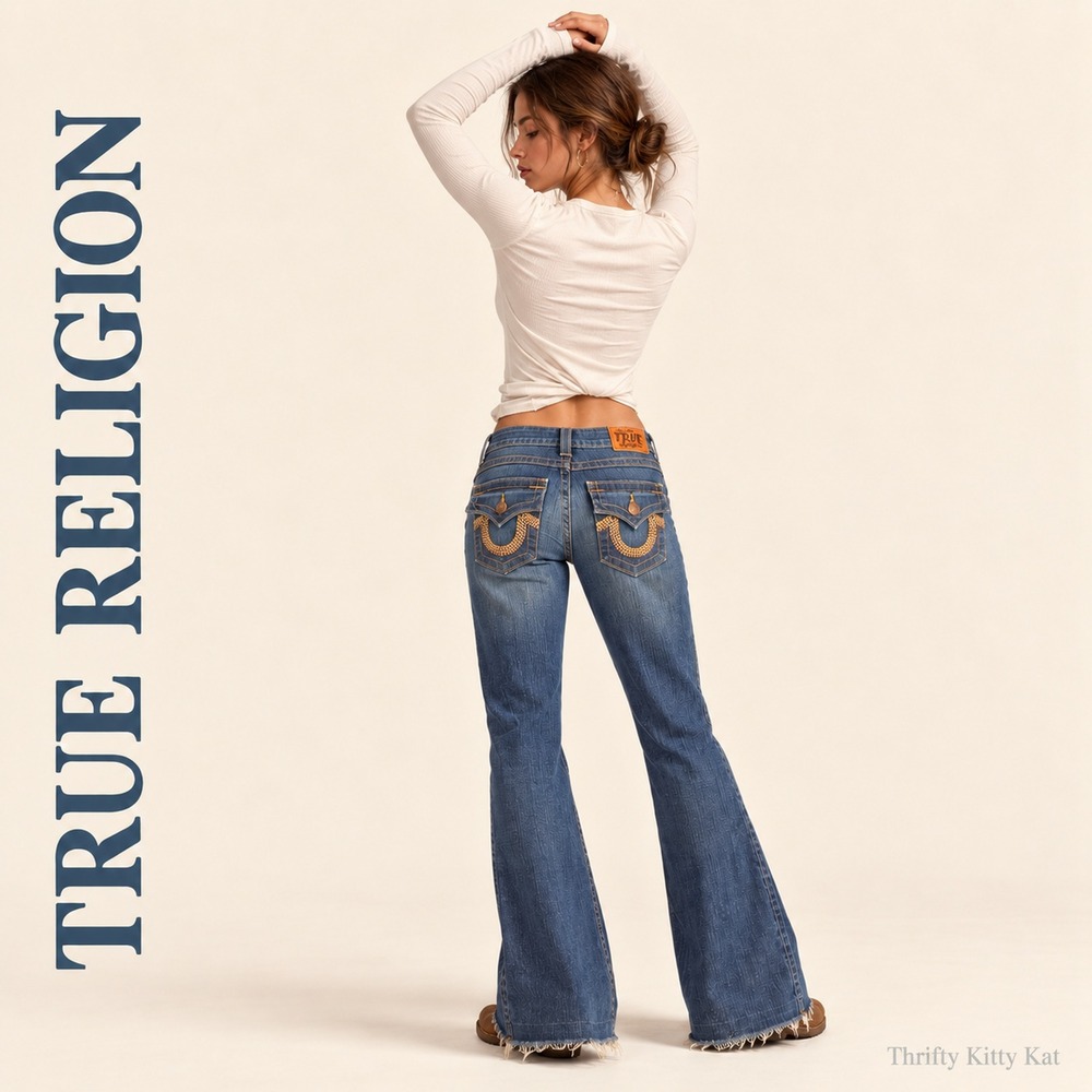 True Religion Becky Low Rise Bootcut Jeans Gold Embroidered Horseshoe Raw Hem 27